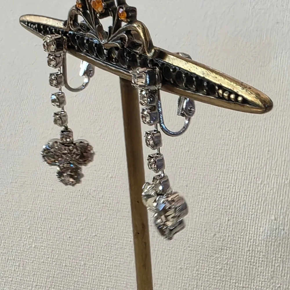 Vintage 1940's Rhinestone Silver Tone Dangle Clip on Earrings…